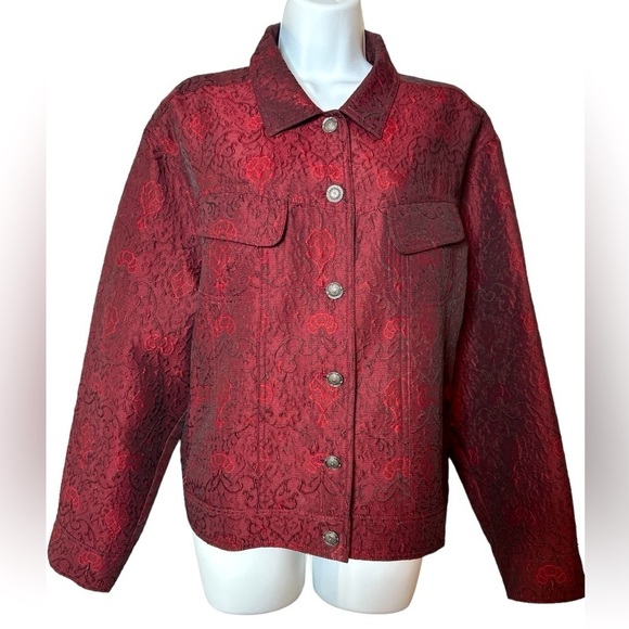 J Jill Vintage Wool Blend Brocade Damask Textured Burgundy Collar Jacket Large - Picture 1 of 13